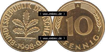 Münze der BRD-Deutschland 1998, Mzz. A für Berlin, 10 Pfennig Transparent VS+RS horizontal Farbe Sammlung