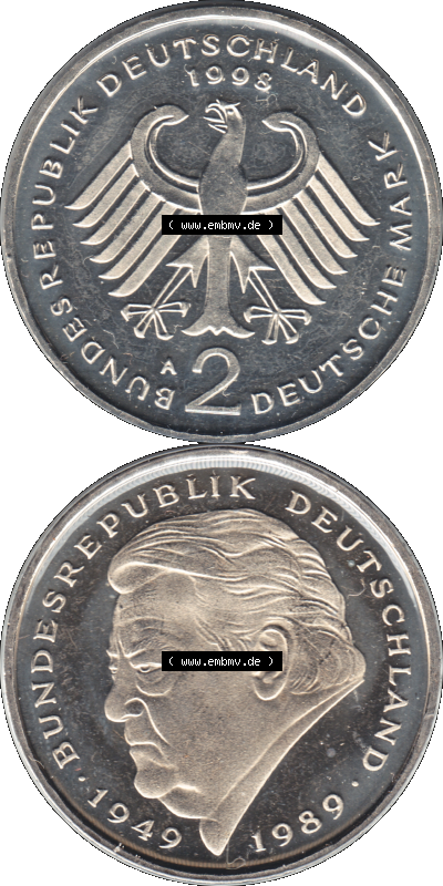 Münze der BRD-Deutschland 1998, Mzz. A für Berlin, Zwei 2 DM-Deutsche Mark Transparent Franz Josef Strauß VS+RS vertikal Farbe Sammlung