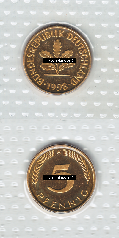 Münze der BRD-Deutschland 1998, Mzz. A für Berlin, 5 Pfennig VS+RS vertikal Farbe Sammlung