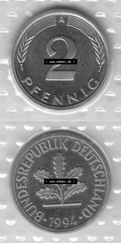 BRD-Deutschland Münzen 1994, 2 Pfennig Graustufen RS+VS vertikal Sammlung