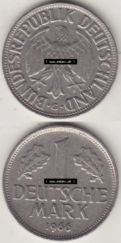 BRD Münze Deutschland Original Bild in PNG 1950-2001, 1 Eine Deutsche Mark, 1966 G-1 VS+RS vertikal Farbe (1) - Digitalisierte... Sammlung