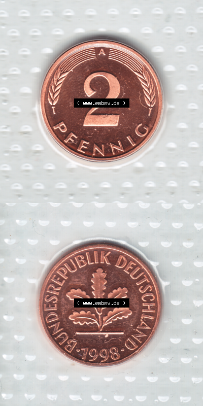 Münze der BRD-Deutschland 1998, Mzz. A für Berlin, 2 Pfennig RS+VS vertikal Farbe Sammlung