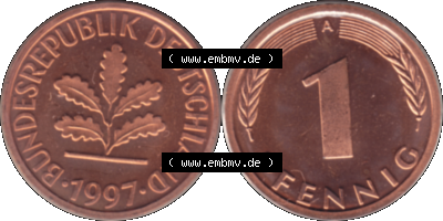 Münze der BRD-Deutschland 1997 Mzz. A für Berlin, 1 Deutscher Pfennig transparent VS+RS horizontal Farbe Sammlung