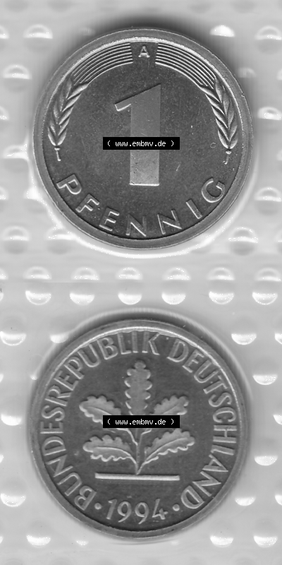 BRD-Deutschland Münzen 1994, 1 Pfennig Graustufen RS+VS vertikal Sammlung