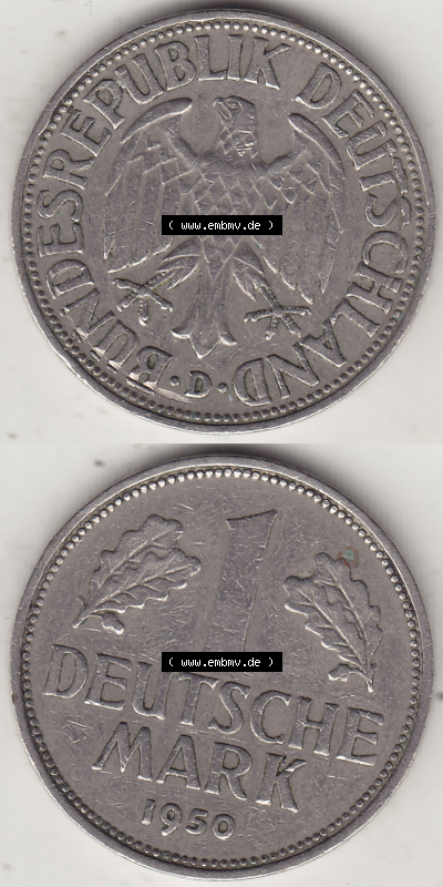 BRD Münze Deutschland Original Bild in PNG 1950-2001, 1 Eine Deutsche Mark, 1950 D-2 VS+RS vertikal Farbe (1) - Digitalisierte... Sammlung