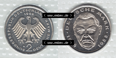 Münze der BRD-Deutschland 1998, Mzz. A für Berlin, 2 DM-Deutsche Mark Ludwig Erhard VS+RS horizontal Farbe Sammlung