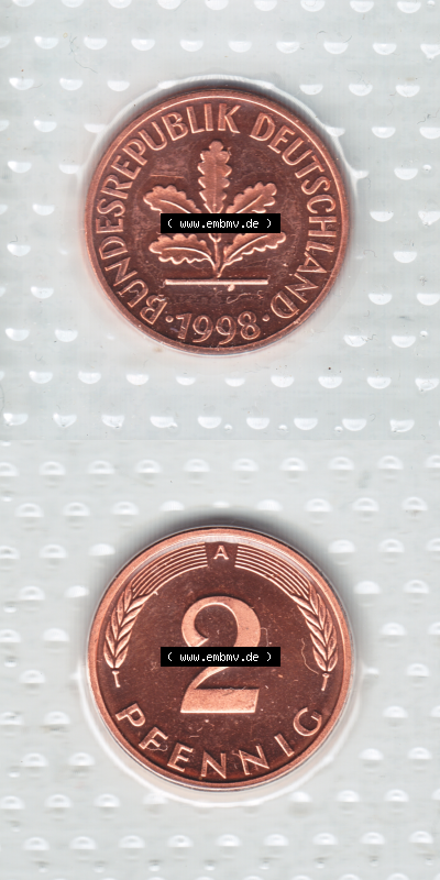 Münze der BRD-Deutschland 1998, Mzz. A für Berlin, 2 Pfennig VS+RS vertikal Farbe Sammlung