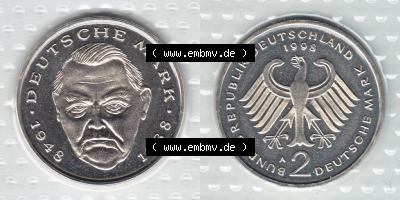 Münze der BRD-Deutschland 1998, Mzz. A für Berlin, 2 DM-Deutsche Mark Ludwig Erhard RS+VS horizontal Farbe Sammlung