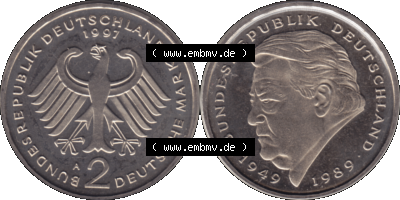 Münze der BRD-Deutschland 1997 Mzz. A für Berlin, 2 Deutsche Mark Gedenkmünze Franz Josef Strauß VS+RS horizontal Farbe Sammlung