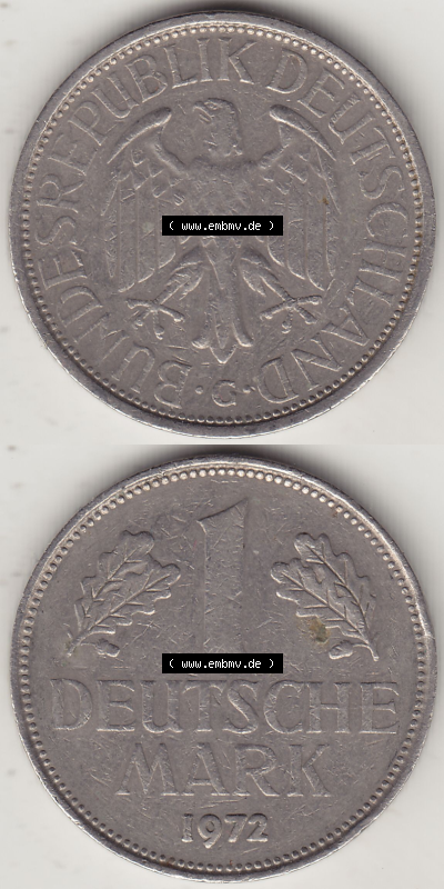 BRD Münze Deutschland Original Bild in PNG 1950-2001, 1 Eine Deutsche Mark, 1972 G-1 VS+RS vertikal Farbe (1) - Digitalisierte... Sammlung