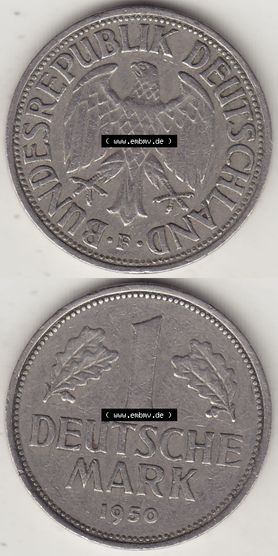 BRD Münze Deutschland Original Bild in PNG 1950-2001, 1 Eine Deutsche Mark, 1950 F-6 VS+RS vertikal Farbe (1) - Digitalisierte... Sammlung