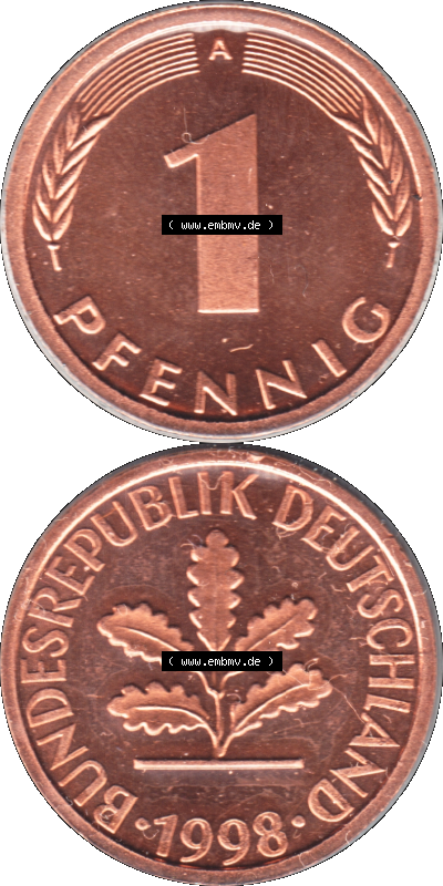 Münze der BRD-Deutschland 1998, Mzz. A für Berlin, Eine 1 Pfennig Transparent RS+VS vertikal Farbe Sammlung
