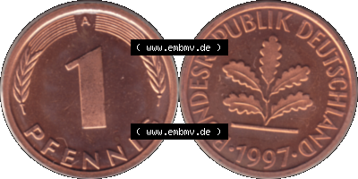 Münze der BRD-Deutschland 1997 Mzz. A für Berlin, 1 Deutscher Pfennig transparent RS+VS horizontal Farbe Sammlung