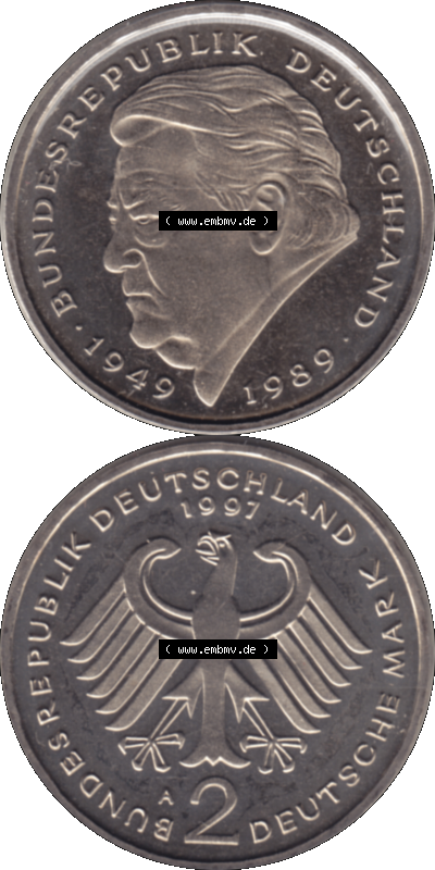Münze der BRD-Deutschland 1997 Mzz. A für Berlin, 2 Deutsche Mark Gedenkmünze Franz Josef Strauß RS+VS vertikal Farbe Sammlung
