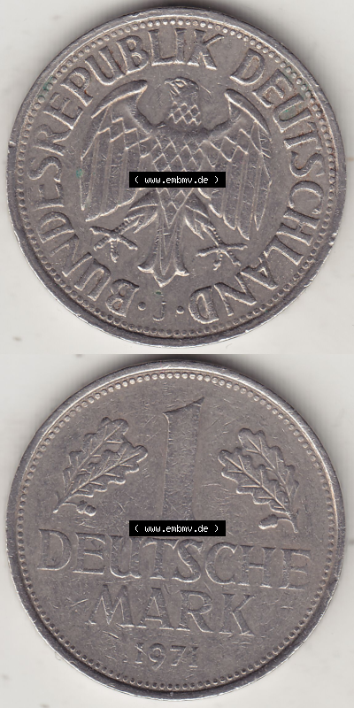 BRD Münze Deutschland Original Bild in PNG 1950-2001, 1 Eine Deutsche Mark, 1971 J-2 VS+RS vertikal Farbe (1) - Digitalisierte... Sammlung