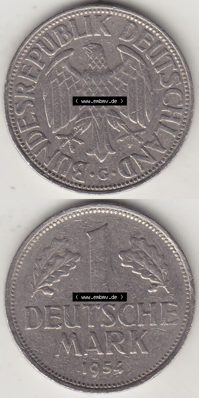 BRD Münze Deutschland Original Bild in PNG 1950-2001, 1 Eine Deutsche Mark, 1954 G-5 VS+RS vertikal Farbe (1) - Digitalisierte... Sammlung