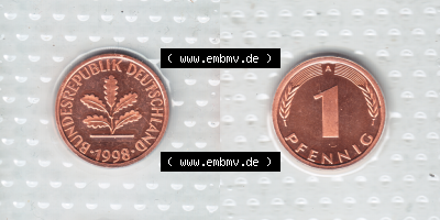 Münze der BRD-Deutschland 1998, Mzz. A für Berlin, 1 Pfennig VS+RS horizontal Farbe Sammlung