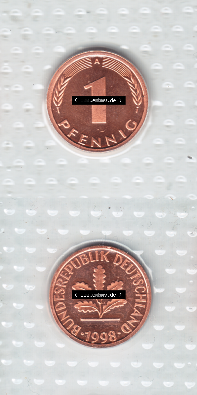 Münze der BRD-Deutschland 1998, Mzz. A für Berlin, 1 Pfennig RS+VS vertikal Farbe Sammlung