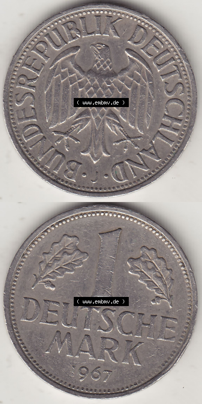 BRD Münze Deutschland Original Bild in PNG 1950-2001, 1 Eine Deutsche Mark, 1967 J-1 VS+RS vertikal Farbe (1) - Digitalisierte... Sammlung