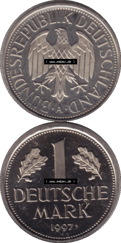 Münze der BRD-Deutschland 1997 Mzz. A für Berlin, 1 Deutsche Mark VS+RS vertikal Farbe Sammlung