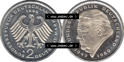 Münze der BRD-Deutschland 1998, Mzz. A für Berlin, Zwei 2 DM-Deutsche Mark Transparent Franz Josef Strauß VS+RS horizontal... Sammlung