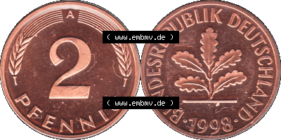 Münze der BRD-Deutschland 1998, Mzz. A für Berlin, Zwei 2 Pfennig Transparent RS+VS horizontal Farbe Sammlung