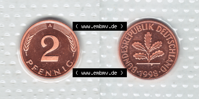Münze der BRD-Deutschland 1998, Mzz. A für Berlin, 2 Pfennig RS+VS horizontal Farbe Sammlung