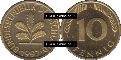 Münze der BRD-Deutschland 1997 Mzz. A für Berlin, 10 Deutsche Pfennig transparente VS+RS horizontal Farbe Sammlung
