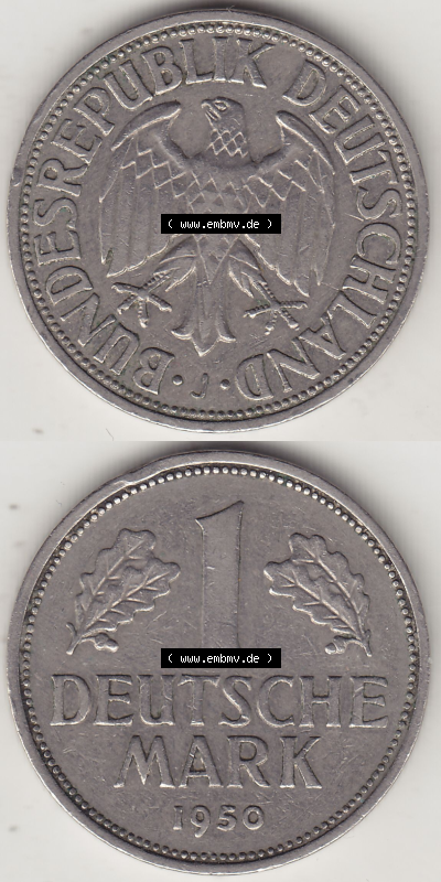 BRD Münze Deutschland Original Bild in PNG 1950-2001, 1 Eine Deutsche Mark, 1950 J-4 VS+RS vertikal Farbe (1) - Digitalisierte... Sammlung