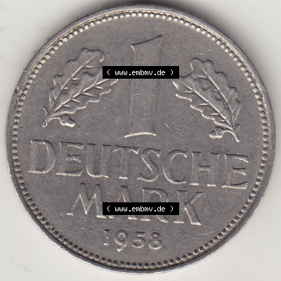 BRD Münze Deutschland Original Bild in PNG 1950-2001, 1 Eine Deutsche Mark, 1958 J-1 Rückseite (1) - Digitalisierte Deutsche... Sammlung