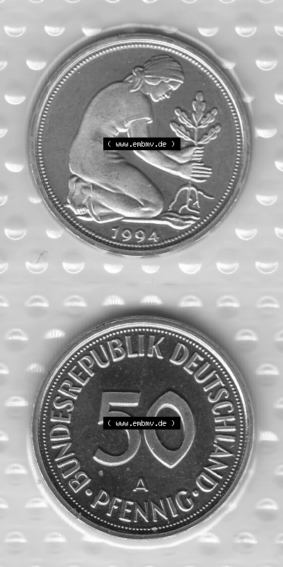 BRD-Deutschland Münzen 1994, 50 Pfennig Graustufen VS+RS vertikal Sammlung