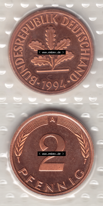 BRD Münzen KMS / Kursmünzensatz 1991-2001, 2 Pfennig 1994 Sammlung
