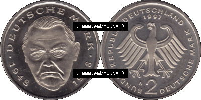 Münze der BRD-Deutschland 1997 Mzz. A für Berlin, 2 Deutsche Mark Gedenkmünze Ludwig Erhard RS+VS horizontal Farbe Sammlung