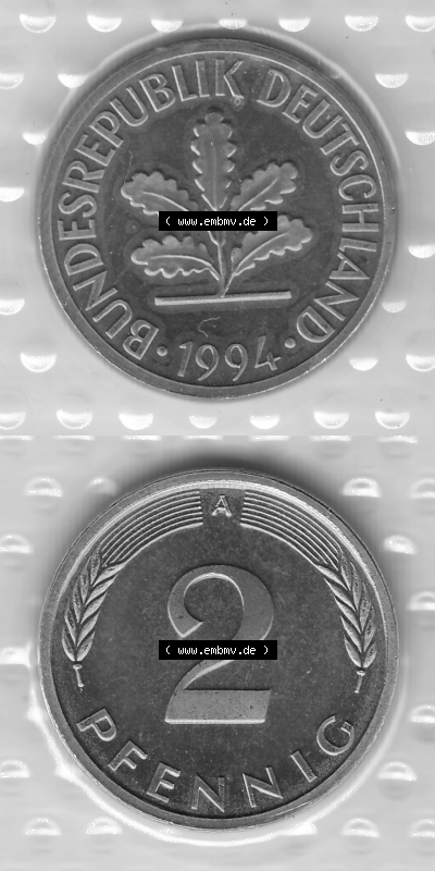 BRD-Deutschland Münzen 1994, 2 Pfennig Graustufen VS+RS vertikal Sammlung