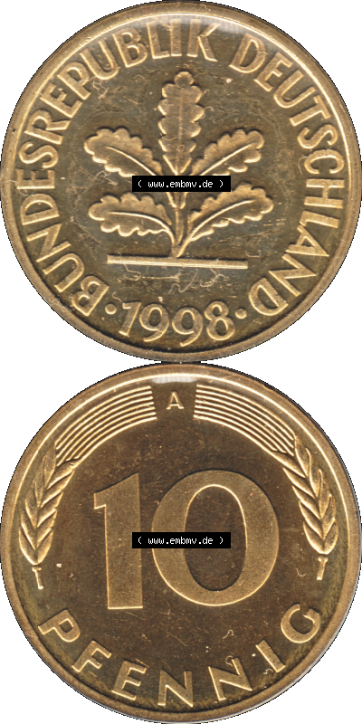 Münze der BRD-Deutschland 1998, Mzz. A für Berlin, 10 Pfennig Transparent VS+RS vertikal Farbe Sammlung