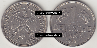BRD Münze Deutschland Original Bild in PNG 1950-2001, 1 Eine Deutsche Mark, 1958 J-1 VS+RS horizontal Farbe (1) - Digitalisierte... Sammlung