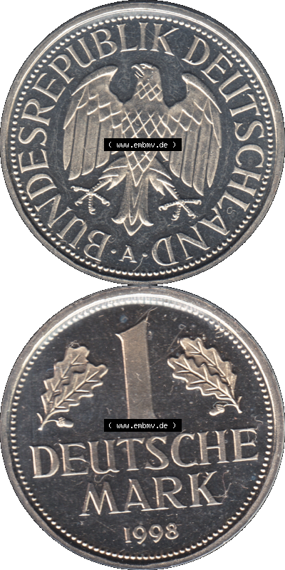 Münze der BRD-Deutschland 1998, Mzz. A für Berlin, Eine 1 DM Deutsche Mark Transparent VS+RS vertikal Farbe Sammlung