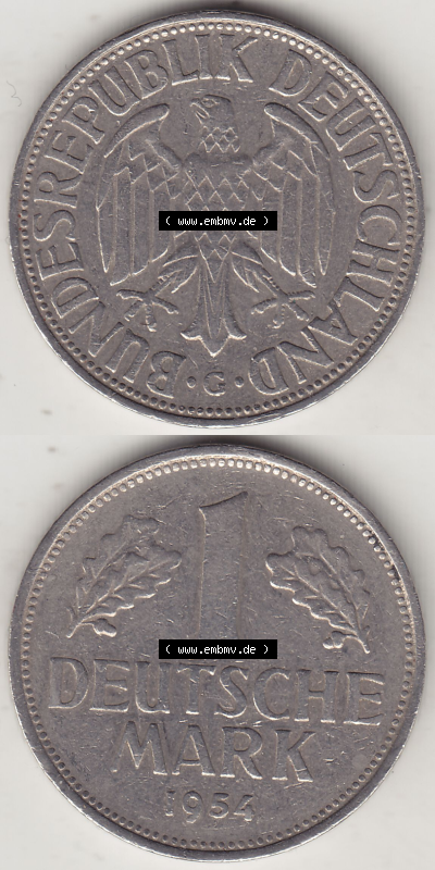 BRD Münze Deutschland Original Bild in PNG 1950-2001, 1 Eine Deutsche Mark, 1954 G-2 VS+RS vertikal Farbe (1) - Digitalisierte... Sammlung