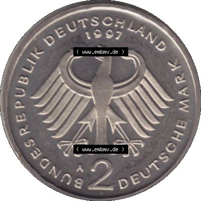 Münze der BRD-Deutschland 1997 Mzz. A für Berlin, 2 Deutsche Mark Gedenkmünze Ludwig Erhard Vorderseite Sammlung