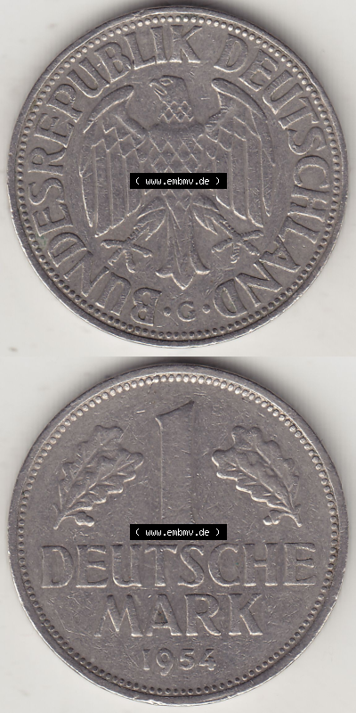 BRD Münze Deutschland Original Bild in PNG 1950-2001, 1 Eine Deutsche Mark, 1954 G-3 VS+RS vertikal Farbe (1) - Digitalisierte... Sammlung
