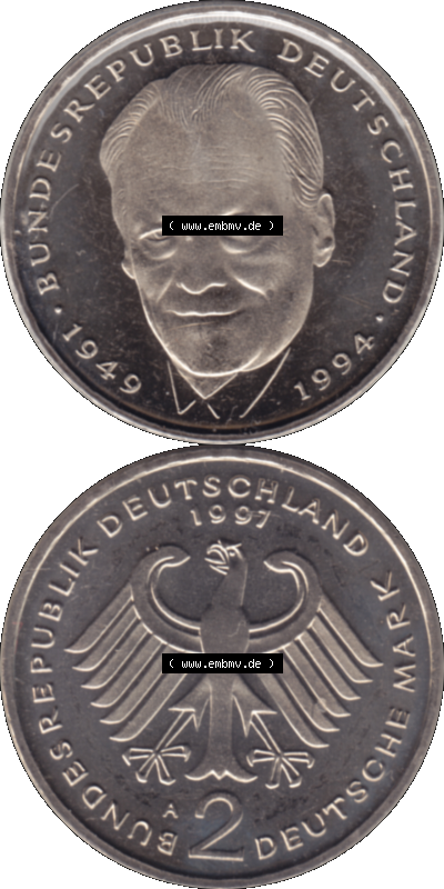 Münze der BRD-Deutschland 1997 Mzz. A für Berlin, 2 Deutsche Mark Gedenkmünze Willy Brandt RS+VS vertikal Farbe Sammlung