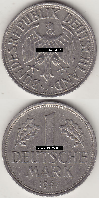 BRD Münze Deutschland Original Bild in PNG 1950-2001, 1 Eine Deutsche Mark, 1967 J-2 VS+RS vertikal Farbe (1) - Digitalisierte... Sammlung