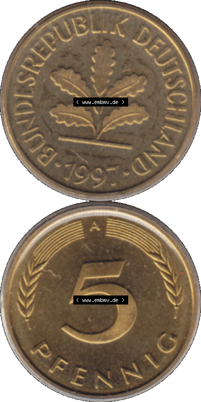 Münze der BRD-Deutschland 1997 Mzz. A für Berlin, 5 Deutscher Pfennig transparent VS+RS vertikal Farbe Sammlung