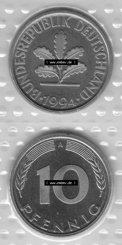 BRD-Deutschland Münzen 1994, 10 Pfennig Graustufen VS+RS vertikal Sammlung