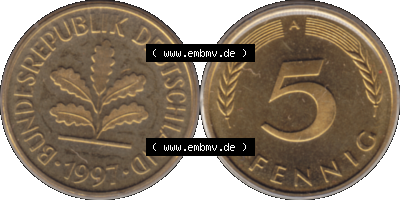 Münze der BRD-Deutschland 1997 Mzz. A für Berlin, 5 Deutscher Pfennig transparent VS+RS horizontal Farbe Sammlung