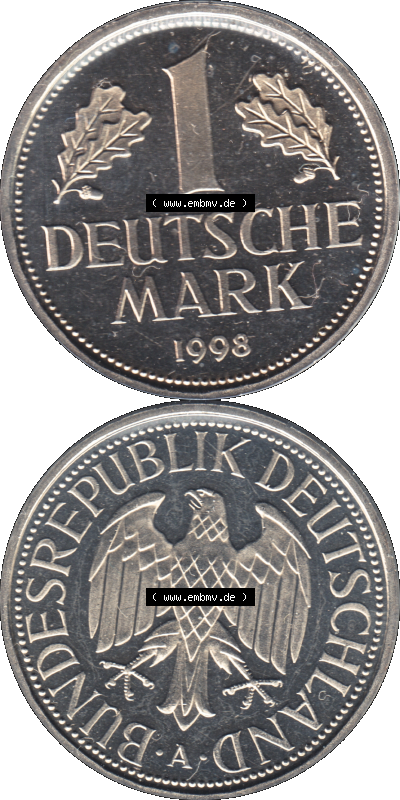 Münze der BRD-Deutschland 1998, Mzz. A für Berlin, Eine 1 DM Deutsche Mark Transparent RS+VS vertikal Farbe Sammlung