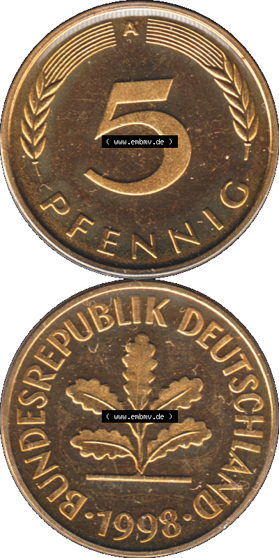 Münze der BRD-Deutschland 1998, Mzz. A für Berlin, Fünf 5 Pfennig Transparent RS+VS vertikal Farbe Sammlung