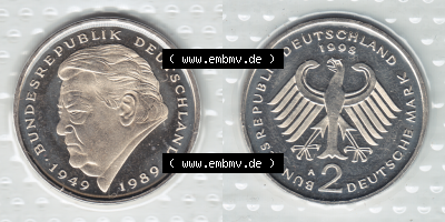 Münze der BRD-Deutschland 1998, Mzz. A für Berlin, 2 DM-Deutsche Mark Franz Josef Strauß RS+VS horizontal Farbe Sammlung