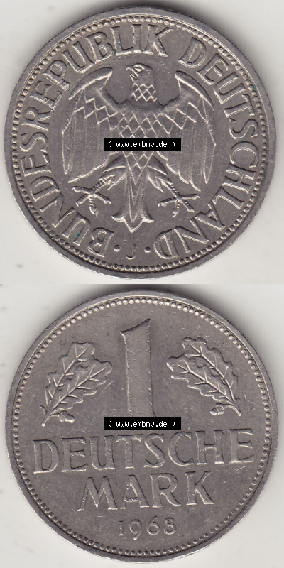BRD Münze Deutschland Original Bild in PNG 1950-2001, 1 Eine Deutsche Mark, 1968 J-1 VS+RS vertikal Farbe (1) - Digitalisierte... Sammlung