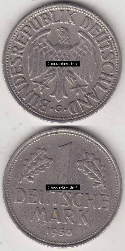 BRD Münze Deutschland Original Bild in PNG 1950-2001, 1 Eine Deutsche Mark, 1950 G-2 VS+RS vertikal Farbe (1) - Digitalisierte... Sammlung